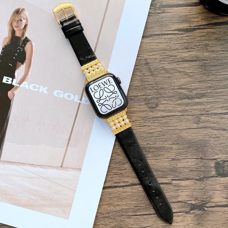 Apple Watch Series 7 45mm Echtes Leder und Strass armband