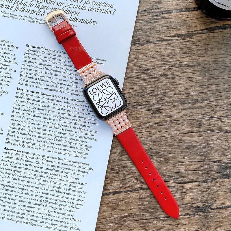 Apple Watch Series 7 45mm Echtes Leder und Strass armband
