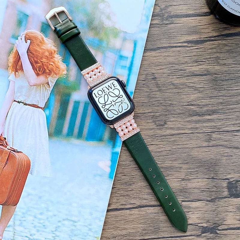 Apple Watch Series 7 45mm Echtes Leder und Strass armband