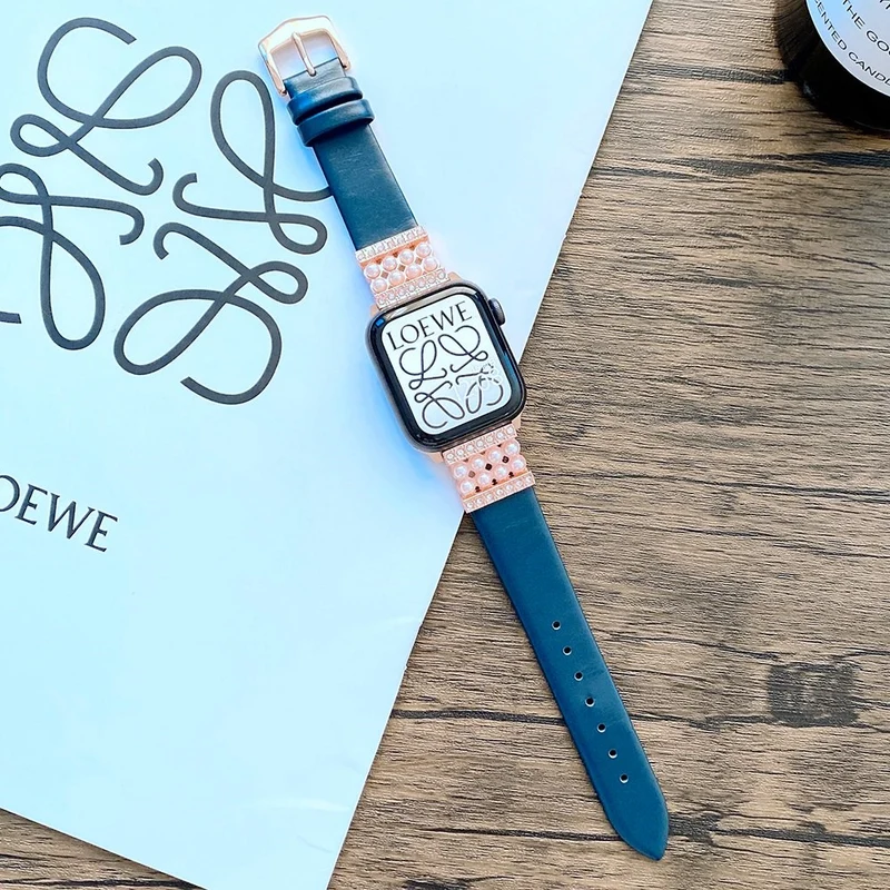 Apple Watch Series 7 45mm Echtes Leder und Strass armband