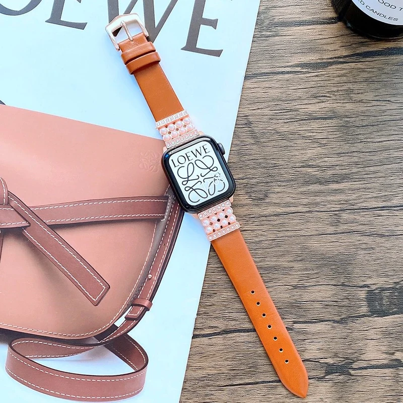Apple Watch Series 7 45mm Echtes Leder und Strass armband