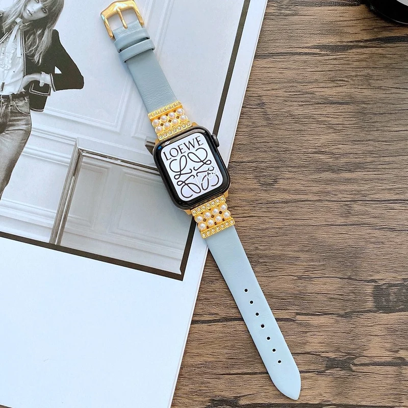 Apple Watch Series 7 45mm Echtes Leder und Strass armband