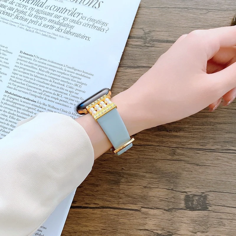 Apple Watch Series 7 45mm Echtes Leder und Strass armband