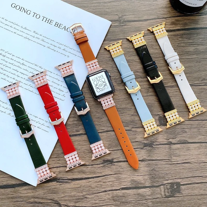 Apple Watch Series 7 41mm Echtes Leder und Strass armband