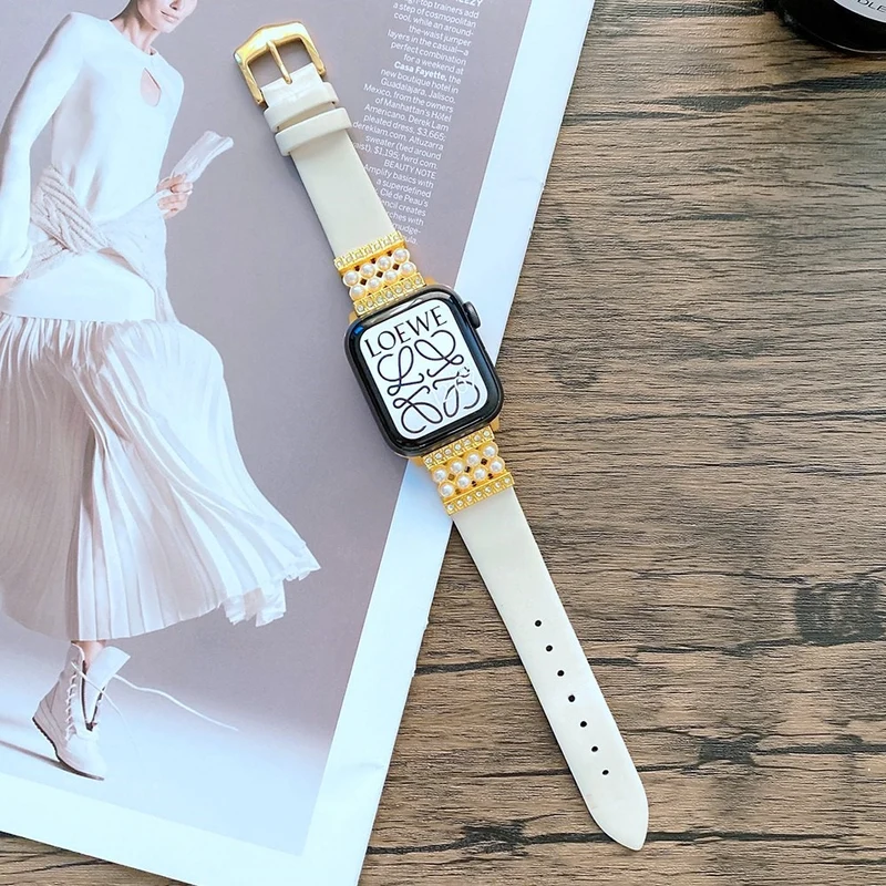 Apple Watch Series 7 41mm Echtes Leder und Strass armband