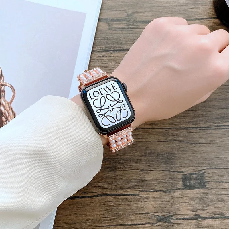 Apple Watch Series 7 41mm Echtes Leder und Strass armband