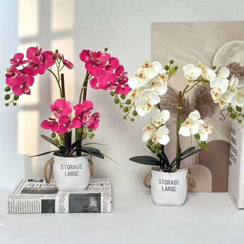 Lebensechte Orchideenpflanze in dekorativem Topf für die Wohnkultur
