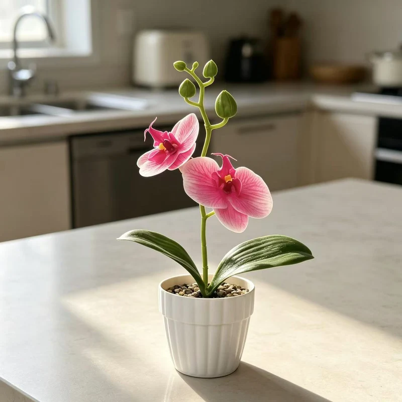 Lebensechte Orchidee Pflanze in dekorativem Keramiktopf für Dekor