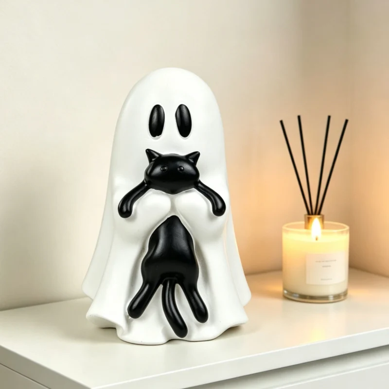 Skulpturale Dekofigur Geist mit Katzenrelief für Regal und Sideboard
