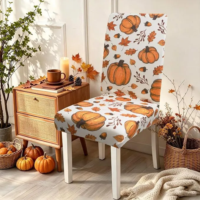 Stretch-Stuhlhusse mit herbstlichem Kürbis- und Blattmotiv