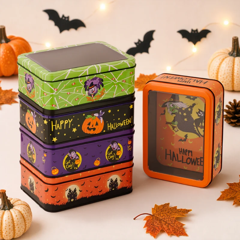 Halloween-Metallbox mit Sichtfenster und Hexenmotiv