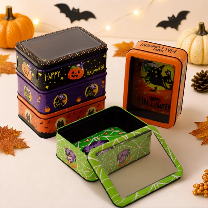 Halloween-Metallbox mit Sichtfenster und Hexenmotiv