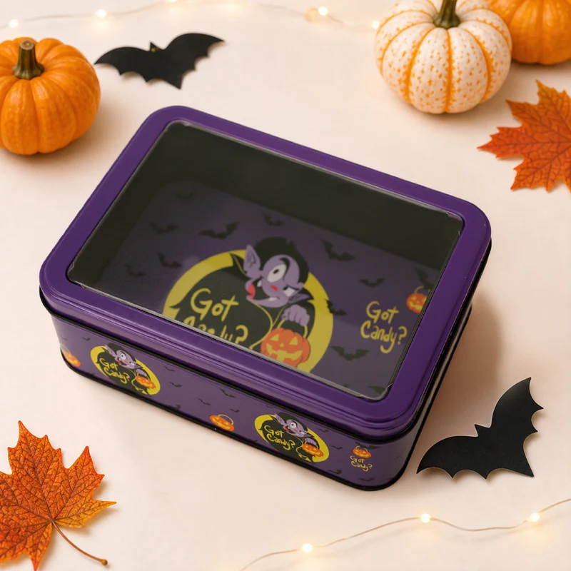 Halloween-Metallbox mit Sichtfenster und Hexenmotiv