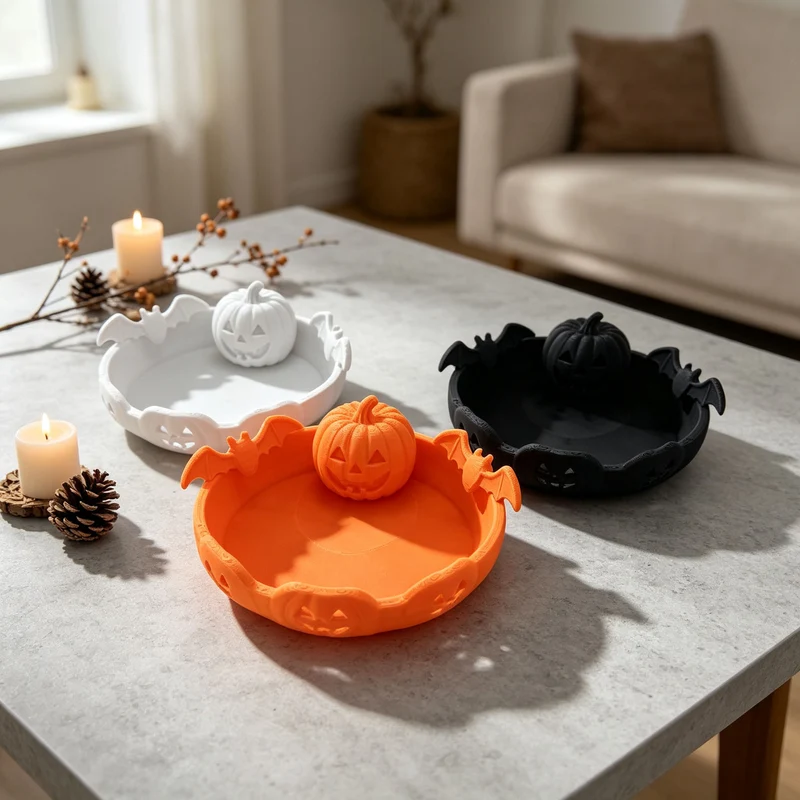 Halloween-Dekoschale mit geschnitztem Kürbis und Fledermaus-Applikation