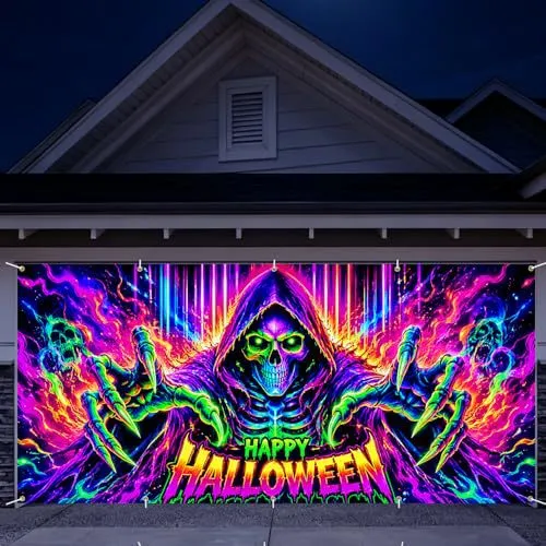 Großformatiger Halloween-Fotohintergrund aus wetterfestem Polyester mit geöstem Befestigungsrand und leuchtendem Haunted-House-Motiv