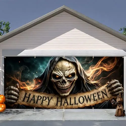 Großformatiger Halloween-Fotohintergrund aus wetterfestem Polyester mit geöstem Befestigungsrand und leuchtendem Haunted-House-Motiv