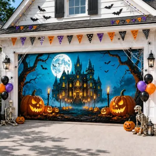 Großformatiger Halloween-Fotohintergrund aus wetterfestem Polyester mit geöstem Befestigungsrand und leuchtendem Haunted-House-Motiv
