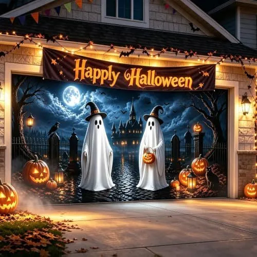 Großformatiger Halloween-Fotohintergrund aus wetterfestem Polyester mit geöstem Befestigungsrand und leuchtendem Haunted-House-Motiv