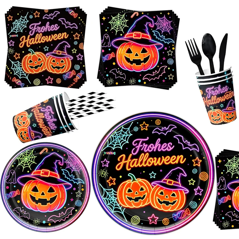 Komplettes Halloween-Party-Tischdekor-Set mit Neon-Kürbisdesign Einweggeschirr und Girlande