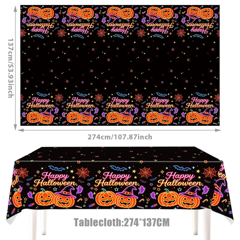 Komplettes Halloween-Party-Tischdekor-Set mit Neon-Kürbisdesign Einweggeschirr und Girlande