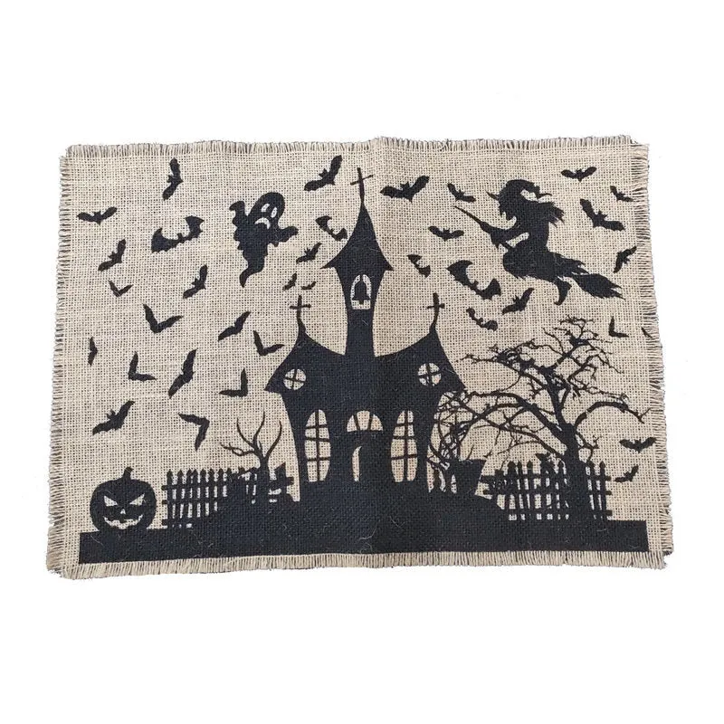 Jute-Tischläufer Halloween Spukhaus-Print mit Fransenrand
