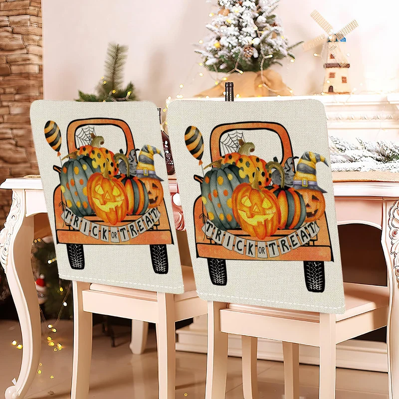 festliche Halloween-Stuhlhussen aus dehnbarem Polyester mit Hexenhut- und Schriftzug-Motiv