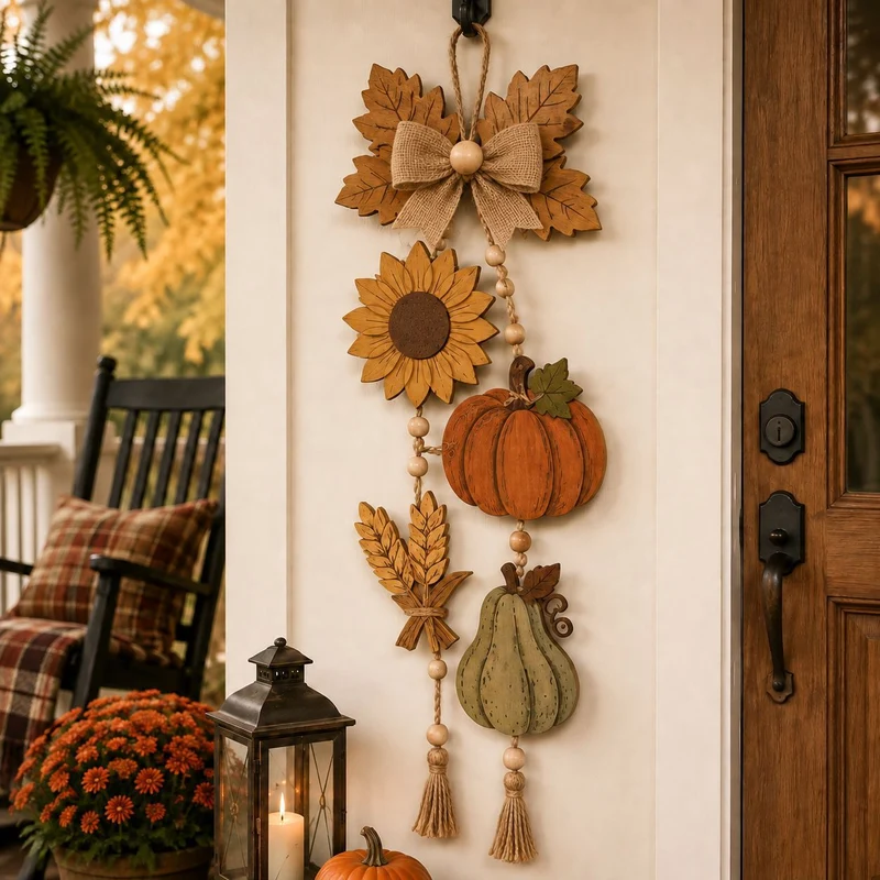 Herbstliche Wandhänger‑Girlande aus Holzoptik mit Kürbis, Sonnenblume und Quasten