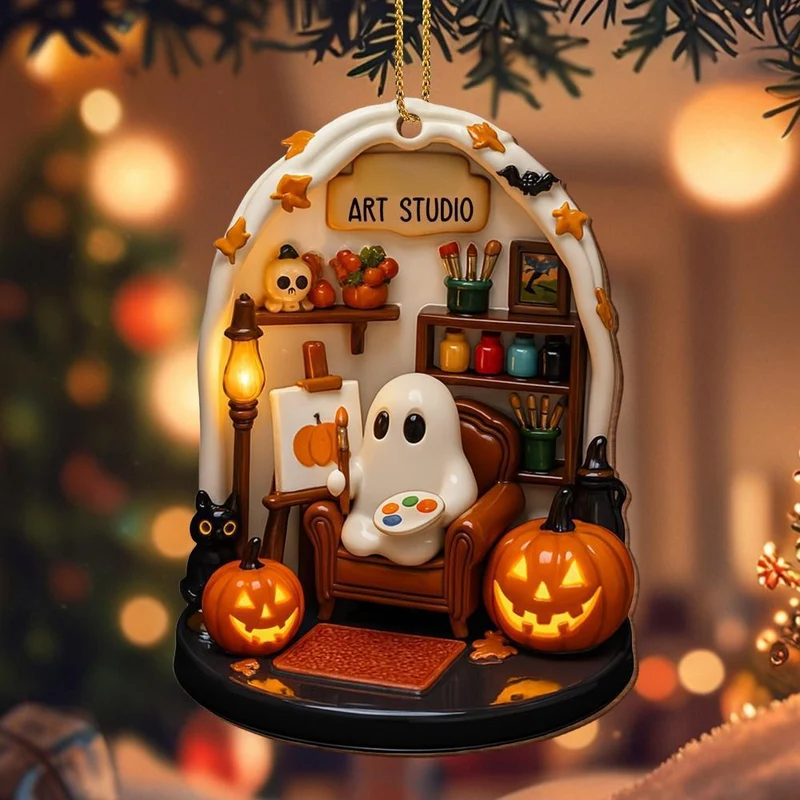 Hängender Halloween-Dekoanhänger aus Resin mit Gespenst beim Stricken und LED-Beleuchtung