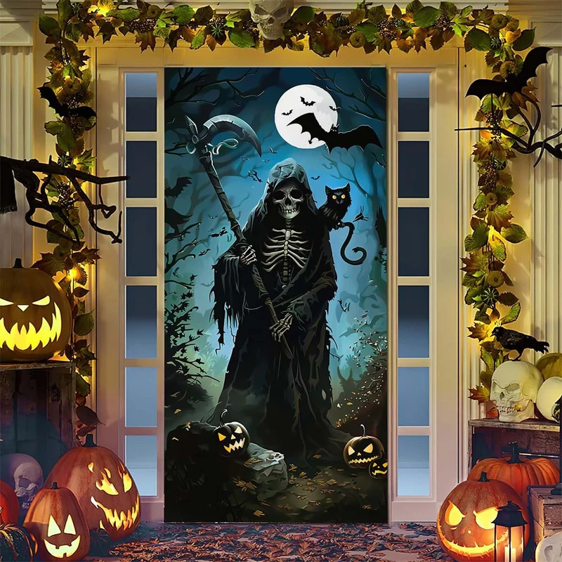 Halloween-Türposter mit großformatiger Grim-Reaper-Illustration und wiederverwendbarem PVC-Planenstoff