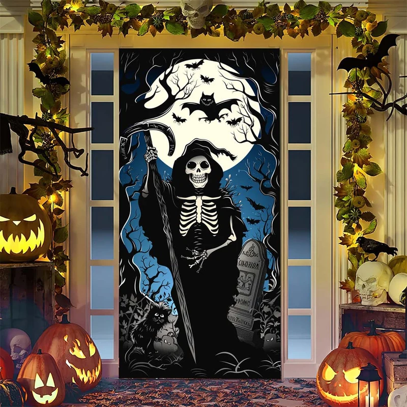 Halloween-Türposter mit großformatiger Grim-Reaper-Illustration und wiederverwendbarem PVC-Planenstoff
