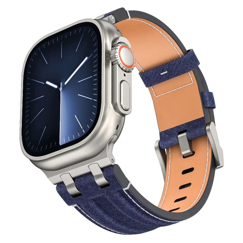 Apple Watch Denim Lederarmband (Blau/Silber)