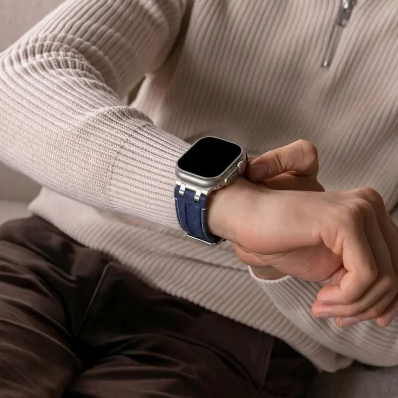 Apple Watch Denim Lederarmband (Blau/Silber)