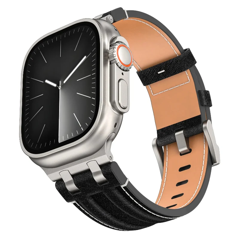 Apple Watch Denim Lederarmband (Schwarz mit Silber)