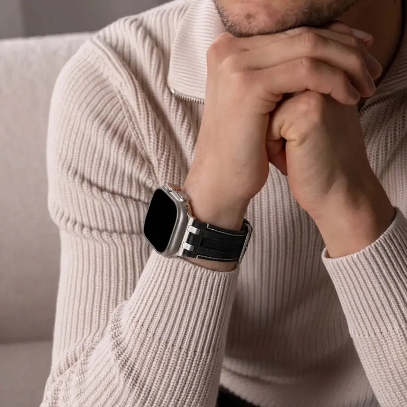 Apple Watch Denim Lederarmband (Schwarz mit Silber)