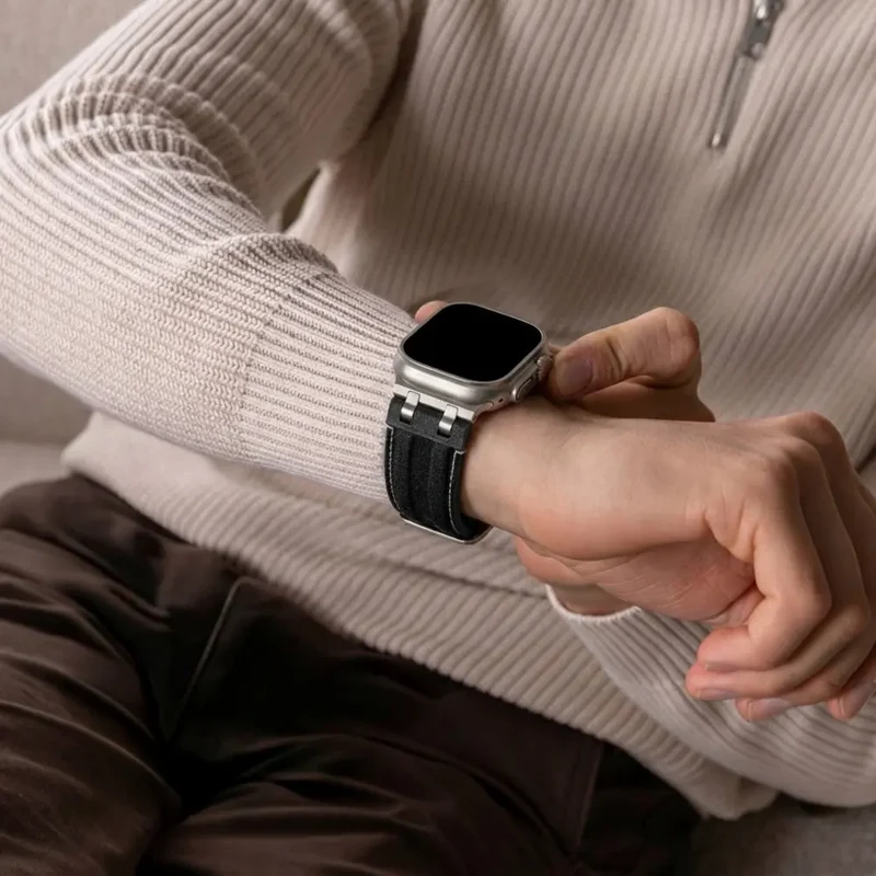 Apple Watch Denim Lederarmband (Schwarz mit Silber)